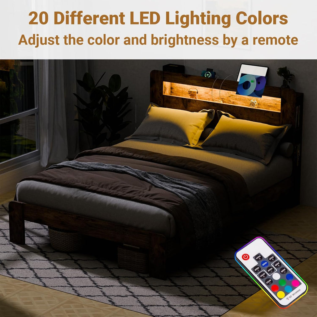 Zevemomo Wood Bed Frame King with Headboard, LED Light, Charging Station with 2 USB Ports & 2 AC Outlets, Sturdy Wood Framework, No Noise, Dark Brown (Rectangular Slot)