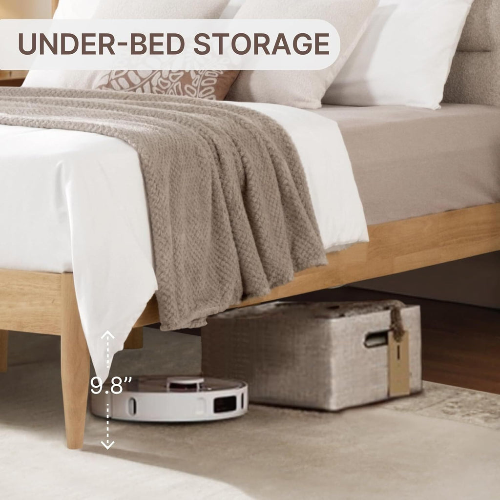 A Complete Set of Full-Size Furniture, Featuring A Wooden Bed Frame with Two Bedside Tables, Suitable for A Bedroom.(Oat)