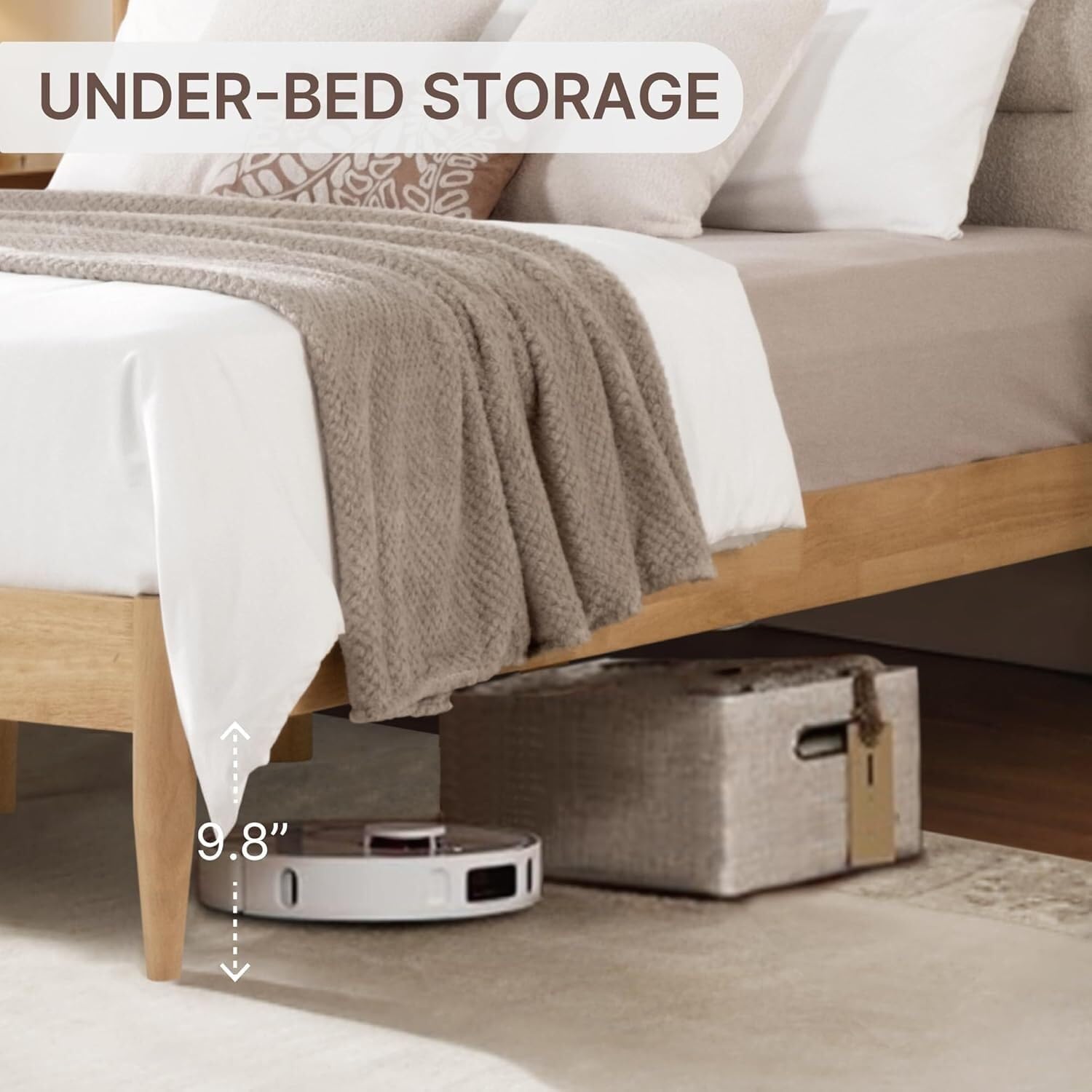 A Complete Set of Full-Size Furniture, Featuring A Wooden Bed Frame with Two Bedside Tables, Suitable for A Bedroom.(Oat)
