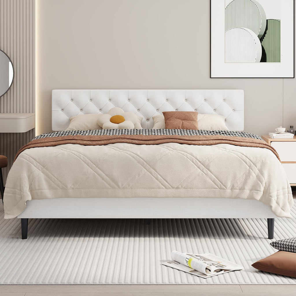 BarnFurin King Size Platform Bed Frame, Fabric Upholstered Bed with Button Tufted Headboard, Adjustable Headboard Design, Easy Assembly, No Box Spring Required, White