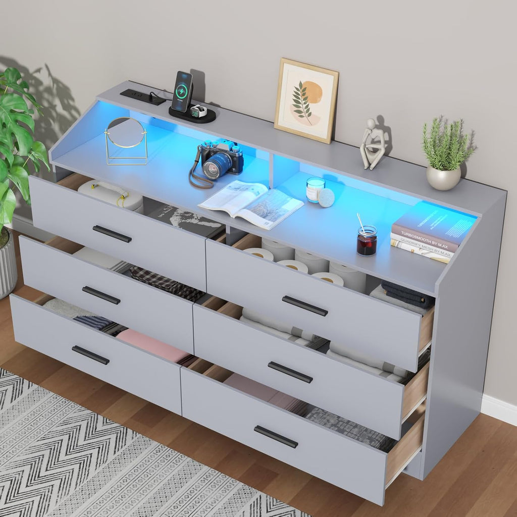 6 Drawer Dresser with Power Outlet, Chest of Drawer with LED Light, Modern Dresser with Open Storage Cubby, Double Wide Dressers Organizer for Bedroom, Living Room, Entryway, Hallway (Grey, 6 Drawers)