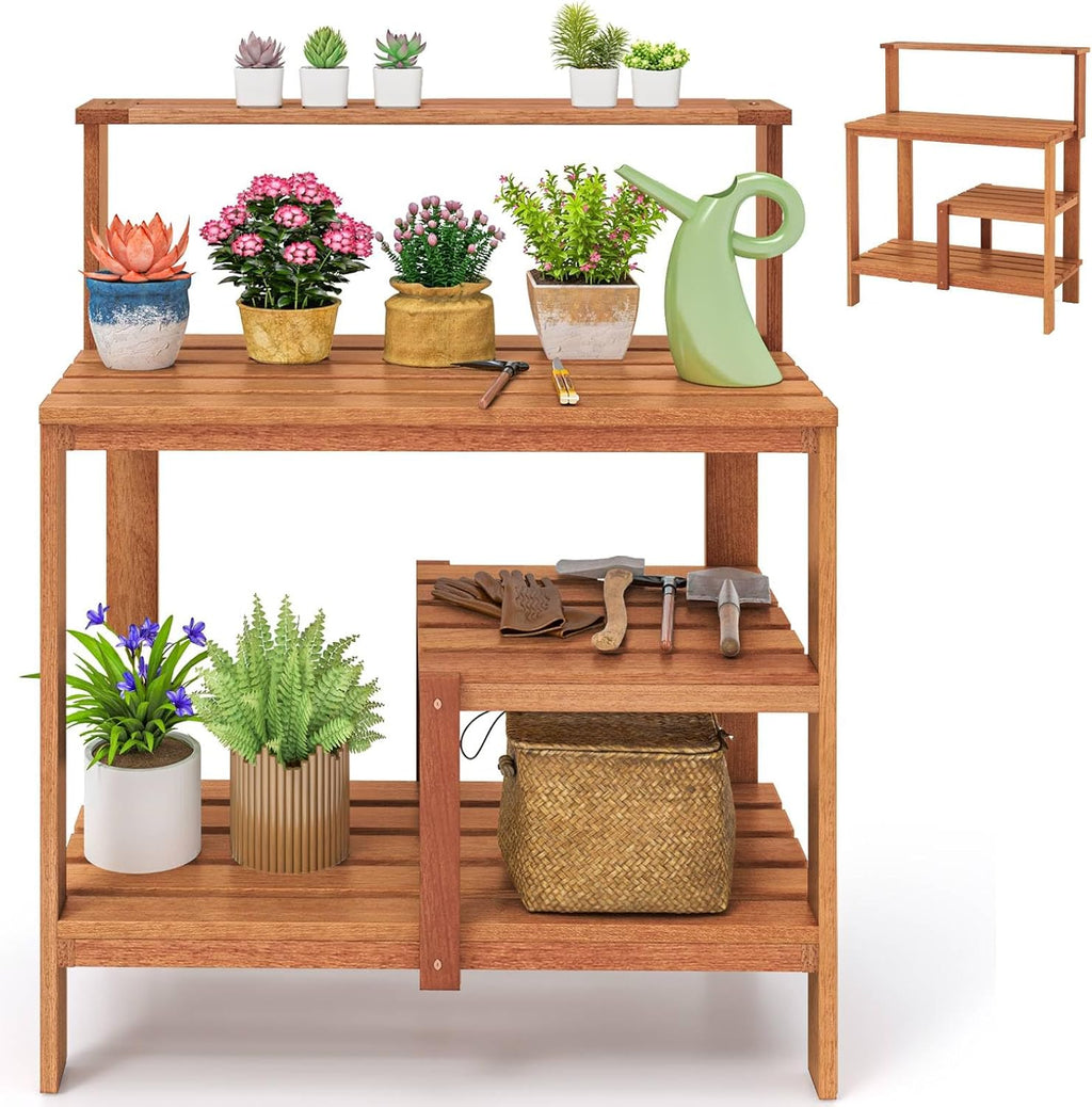 TANGZON Garden Potting Table, Solid Wood Potting Table with Trellis, Open Shelves, Teak Oil Finish, Gardening Workstation & Planting Work Table for Outdoor Patio Backyard Balcony