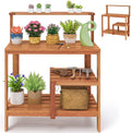 TANGZON Garden Potting Table, Solid Wood Potting Table with Trellis, Open Shelves, Teak Oil Finish, Gardening Workstation & Planting Work Table for Outdoor Patio Backyard Balcony