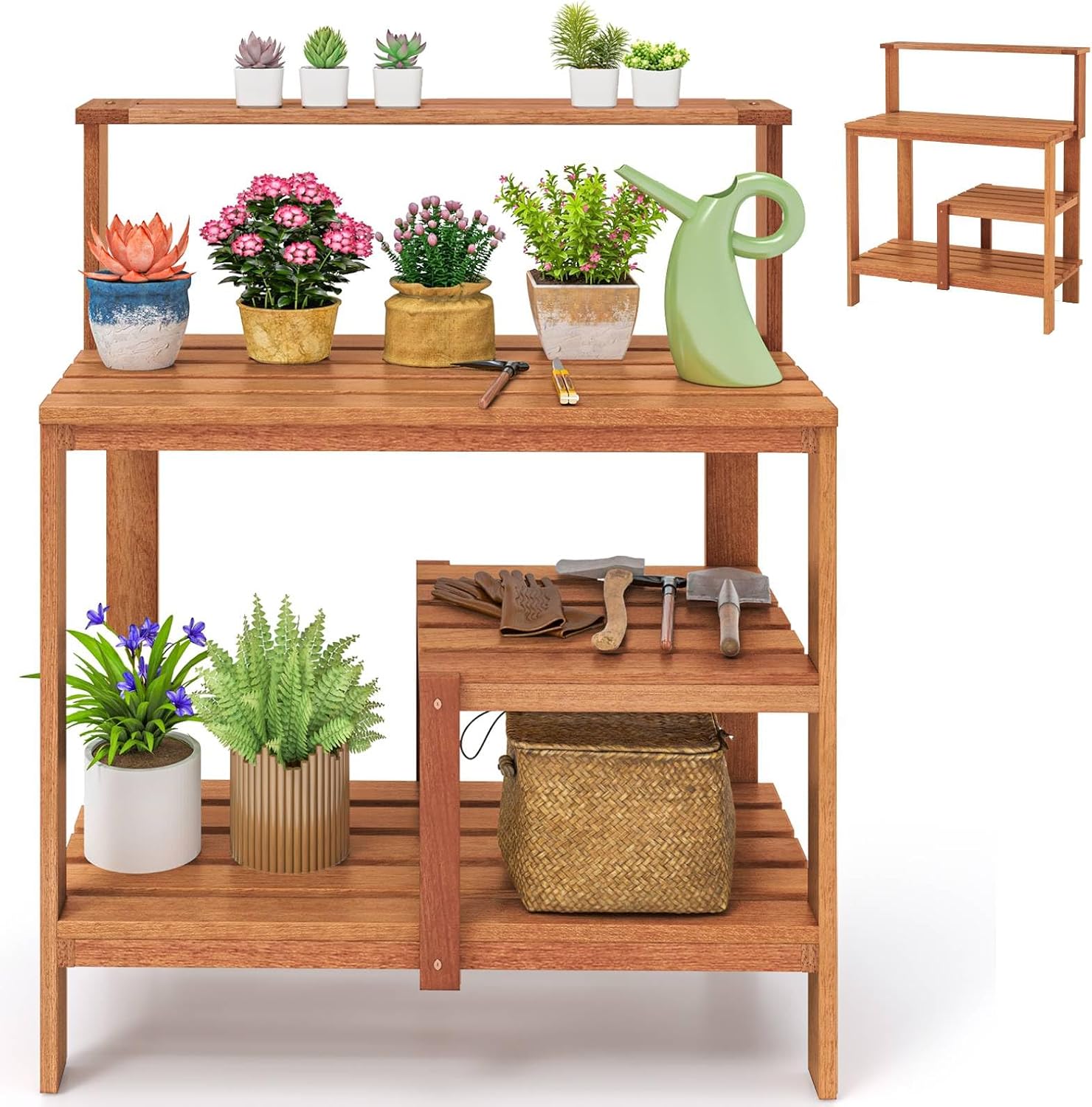 TANGZON Garden Potting Table, Solid Wood Potting Table with Trellis, Open Shelves, Teak Oil Finish, Gardening Workstation & Planting Work Table for Outdoor Patio Backyard Balcony