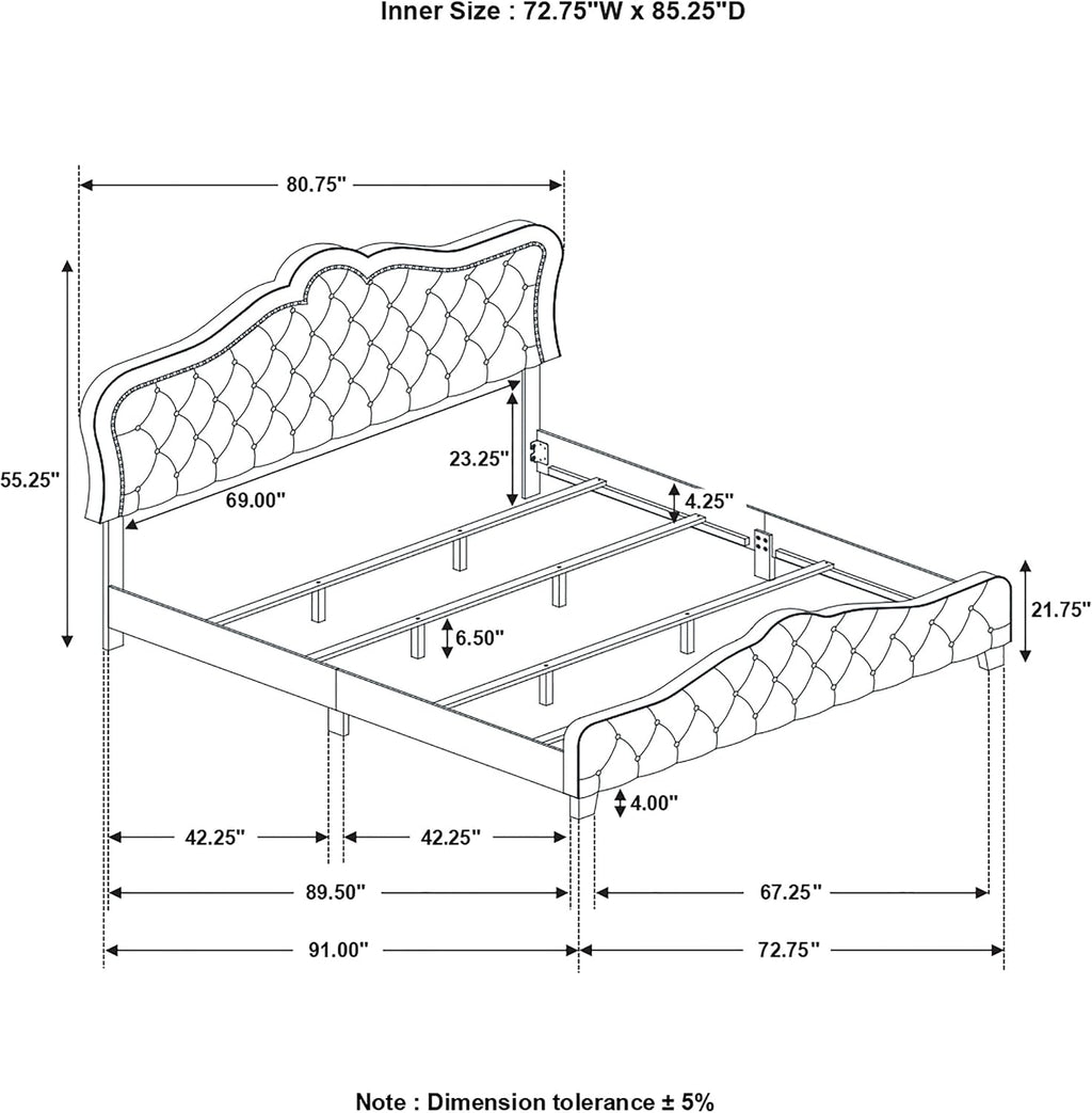 Coaster Home Furnishings - Bella - Wood - Upholstered Panel Bed with Bell Style Headboard, Button Tufting, Chrome Nail Heads and Welt Trim - Bedroom - California King Size - Gray - 315871KW