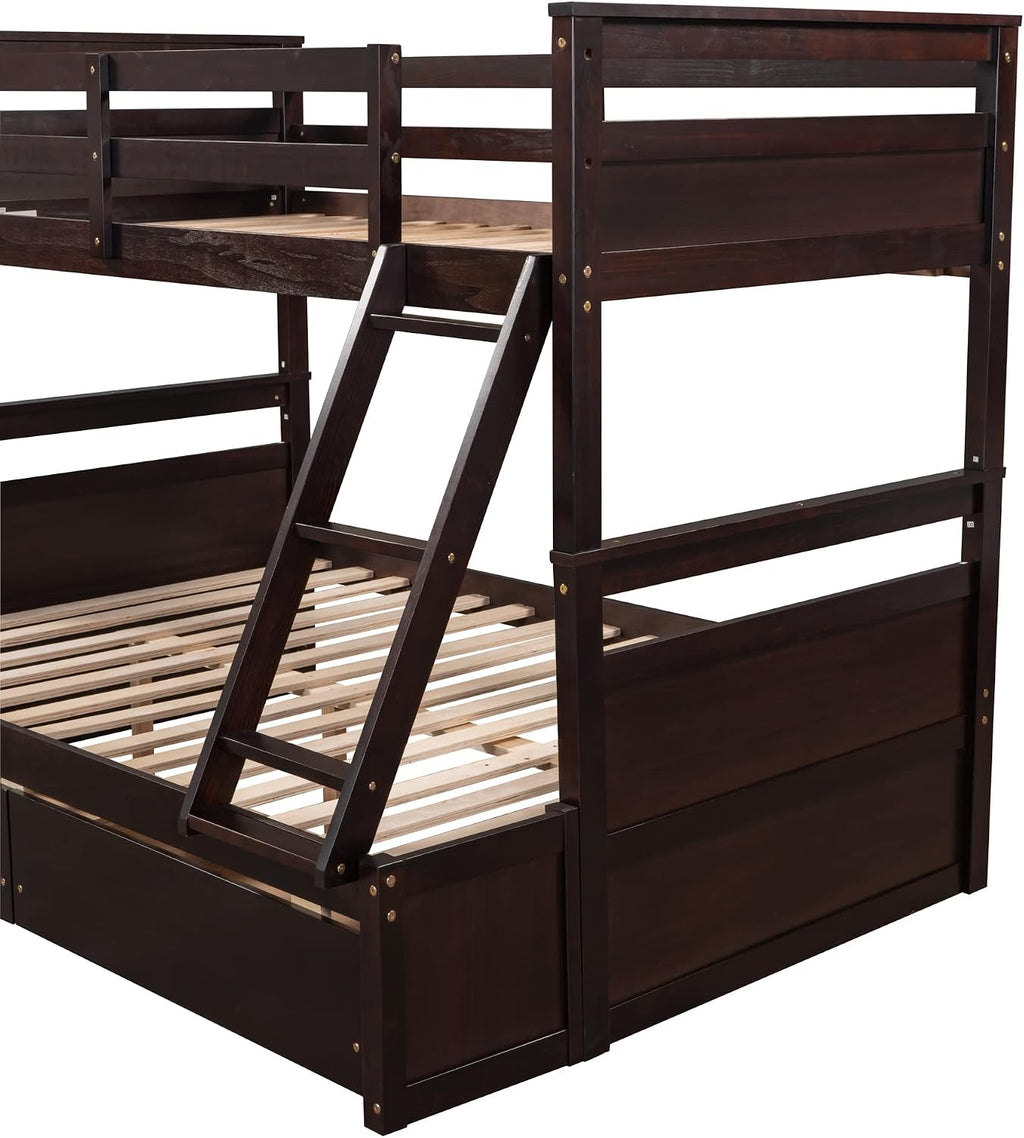 Merax Twin Over Full Bunk Bed, Wood Bunk Bed with Removable Ladders and Two Storage Drawers, Convertible into Two Individual Beds (Espresso)