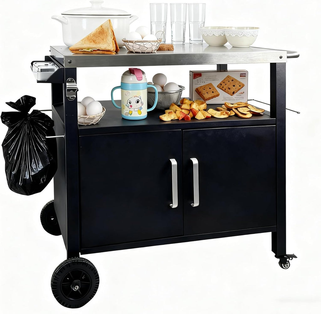 Grill Cart with Storage, 44 Inch Heavy Duty Outdoor Kitchen Cart on Wheels, Mobile BBQ Prep Table with Stainless Steel Top & Enclosed Cabinet for Pizza Oven, Tailgating & Camping
