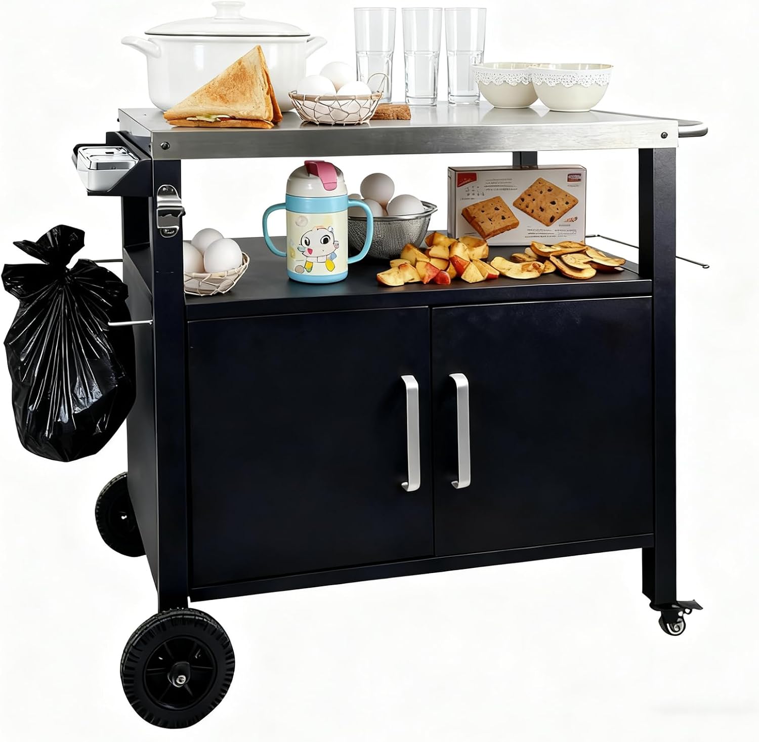 Grill Cart with Storage, 44 Inch Heavy Duty Outdoor Kitchen Cart on Wheels, Mobile BBQ Prep Table with Stainless Steel Top & Enclosed Cabinet for Pizza Oven, Tailgating & Camping