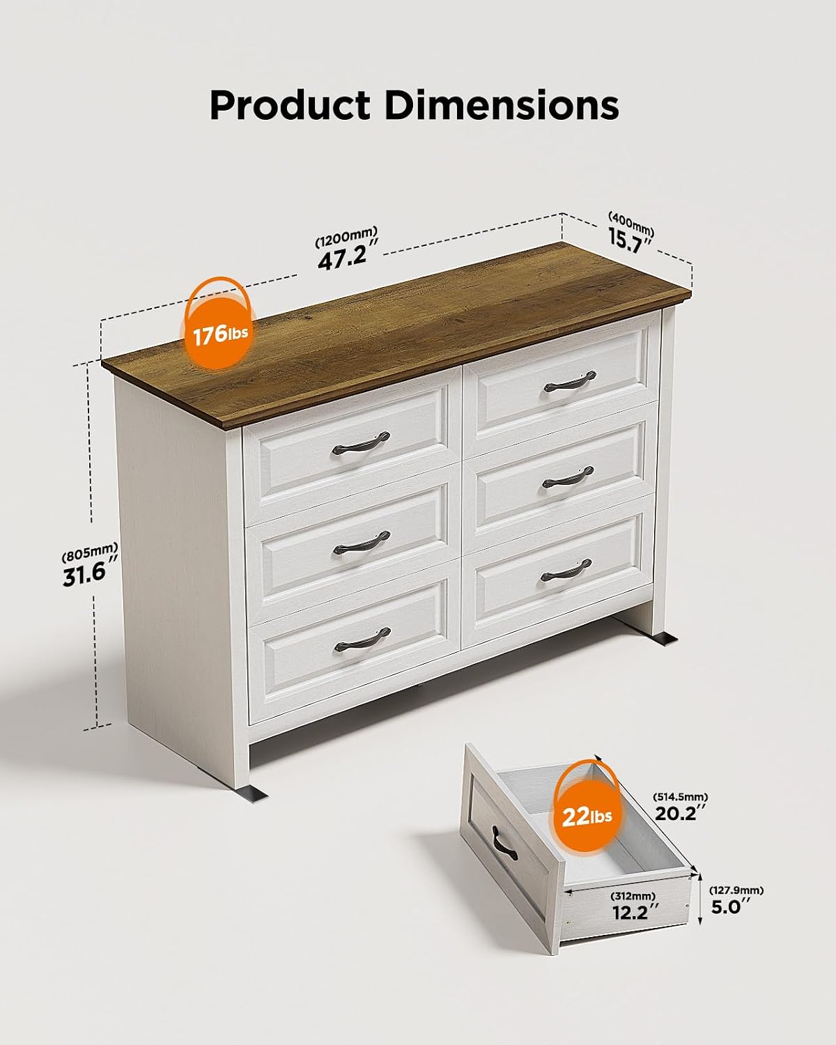 Pipishell White 6 Drawer Dresser for Bedroom, 47' Wide Wood Chest of Drawers with Bar Handles, Modern Storage Dresser Organizer for Bedroom, Living Room, Hallway, Brown & White