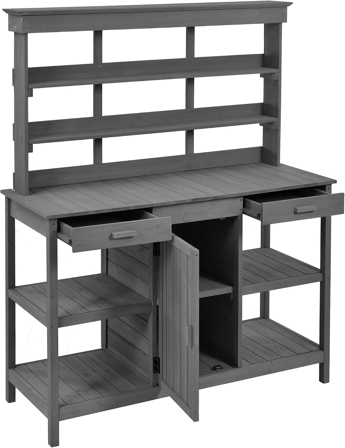 Potting Bench Table, 66 Inch Outdoor Farmhouse Wooden Garden Workstation with 2 Drawers Cabinet and Open Shelves for Backyard/Mudroom, Gray