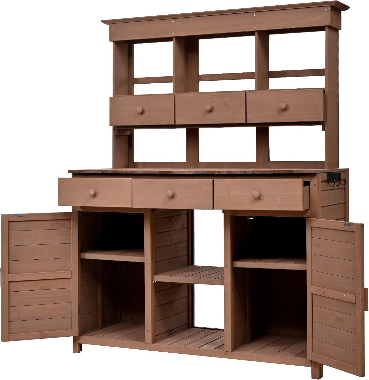 Merax Outdoor Potting Bench Table Potters Benches Garden Workstation,Patio Storage Workstation with 3 Shelves,6 Drawers,2 Bottom Cabinets&Side Hooks, Brown