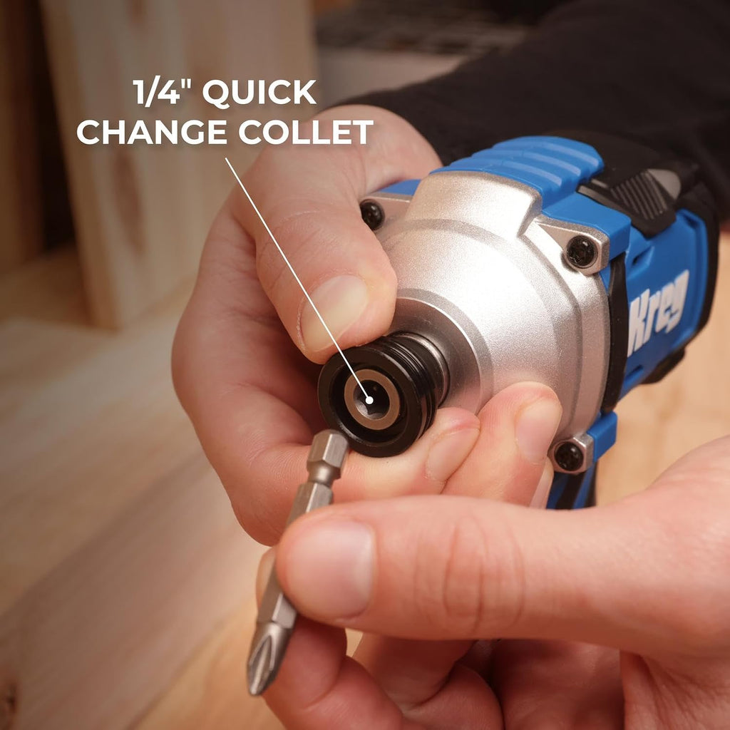Kreg 20V Ionic Drive 1/4' Compact Impact Driver, 20V Blue Ion Charger & Blue Ion 2Ah Battery Pack - Compact, Cordless Driver with 2,200 in-lbs of Torque - 20V Variable Speed - LED Light - KPTBDV025A