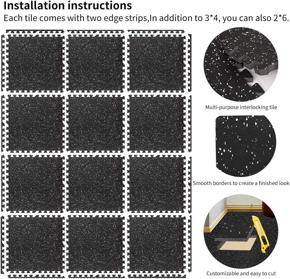 0.8in Thick 48 Sq Ft Gym Flooring for Home Gym, 12 Tiles Workout Exercise Equipment Mats, Rubber Top with EVA Foam, Interlocking Puzzle Floor Tiles for Fitness Room, Protective Flooring Mat