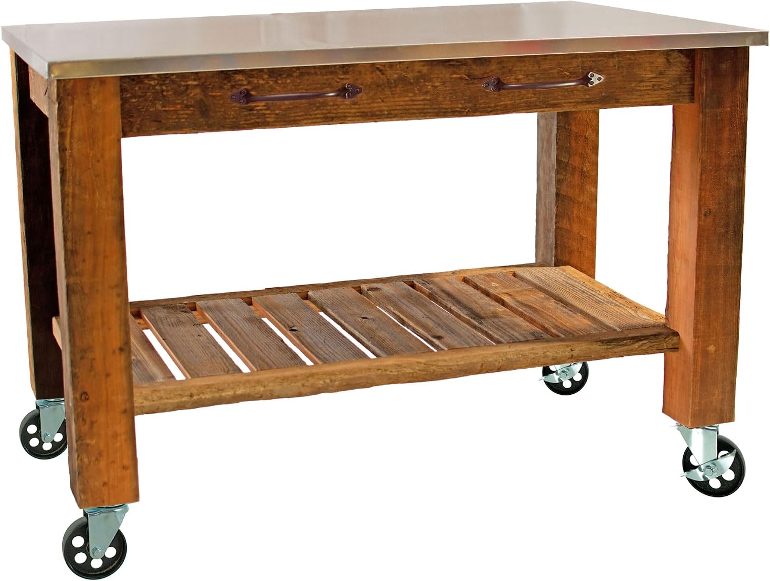 Redwood Potting Table Rolling Cart Swivel Cast Iron Wheels with Brakes Outdoor Garden Work Bench (with Drawer Pulls & 5in Galvanized Casters)