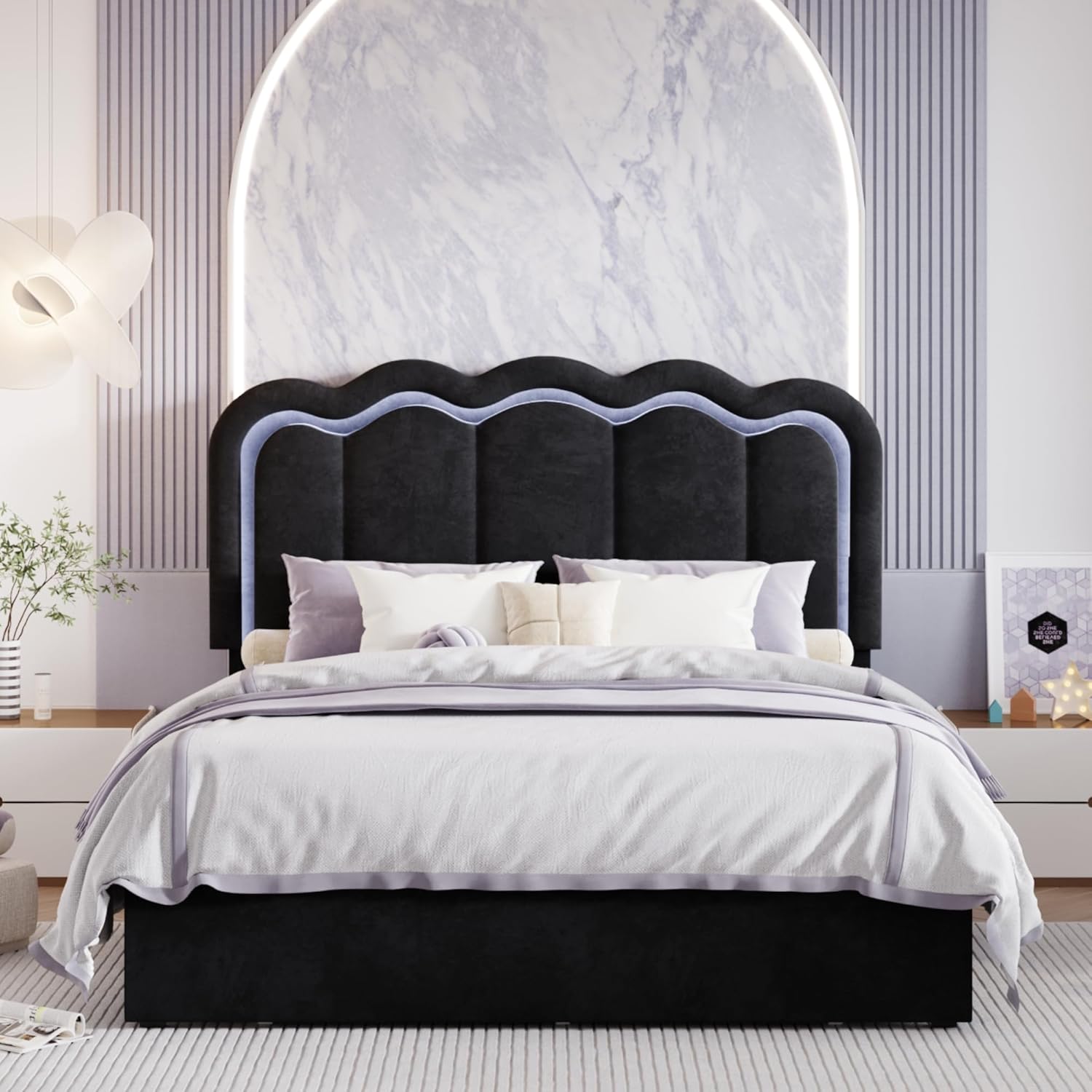 SHA CERLIN Upholstered Full Size Bed Frame with LED Lights and Large Storage Drawer, Velvet Platform Bed with Adjustable Wavy Headboard, Noise Free, Easy Assembly, No Box Spring Needed, Soft Black