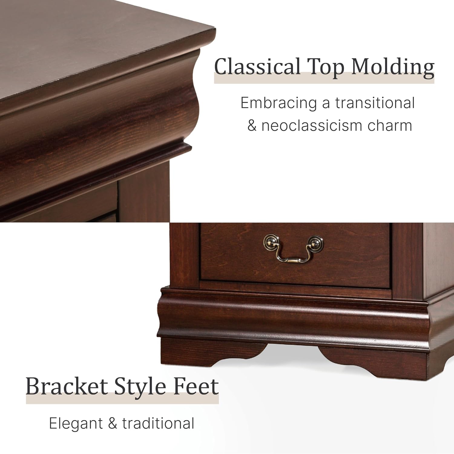 Furniture of America Louis Philippe Traditional Solid Wood 4 Piece Bedroom Set, Full Bed Frame, Nightstand, and Dresser with Mirror, Bedframe with Headboard and Footboard, Box Spring Needed, Cherry