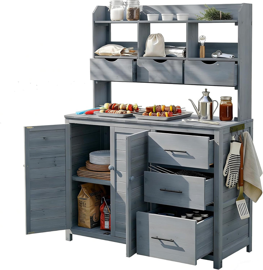 Roomfitters Garden Potting Bench with Storage Hutch, Outdoor Potting Table with 6 Drawers and Cabinets, Shelves, Gray