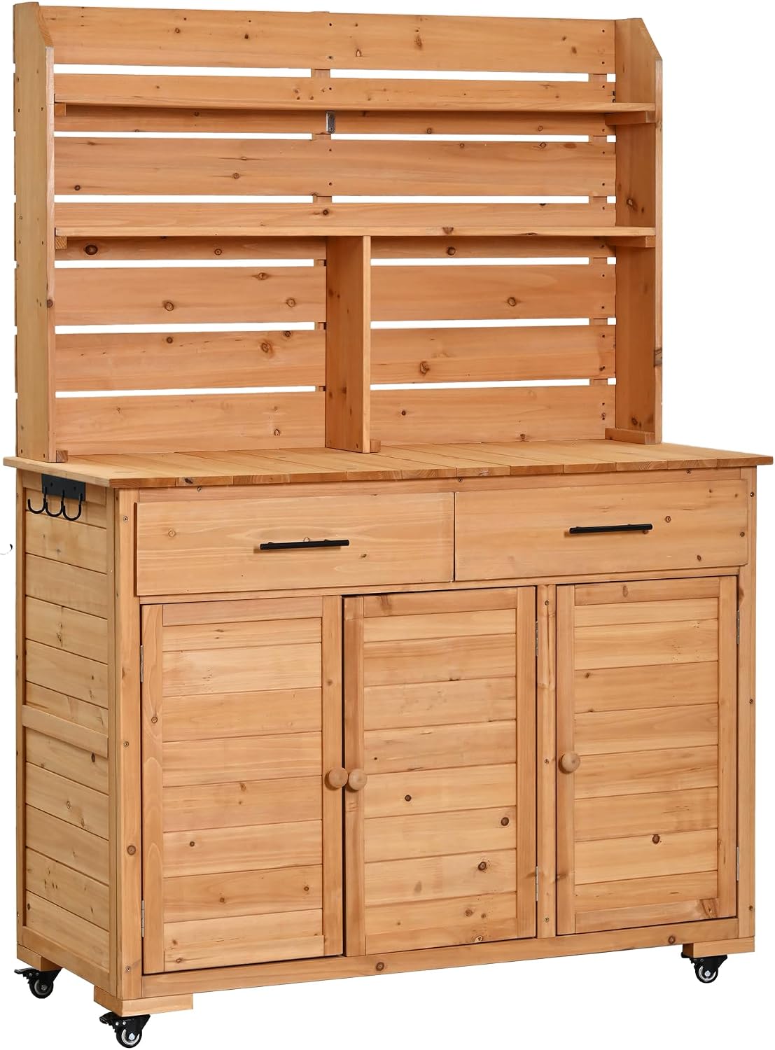 65''H Large Garden Potting Bench with Lockable Wheels and Storage,Wood Outdoor Kitchen Island Prep Cart with Hutch Top,Drawers and Removal Shelves for Grilling (Natural-LG)