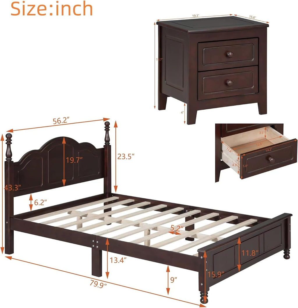 Merax 3-Pieces Bedroom Sets, Full Size Retro Style Wood Bed Frame with Two Nightstands and high Headboard for Bedroom, Wood Slat Support, No Box Spring Needed, Easy Assembly (Dark Walnut)