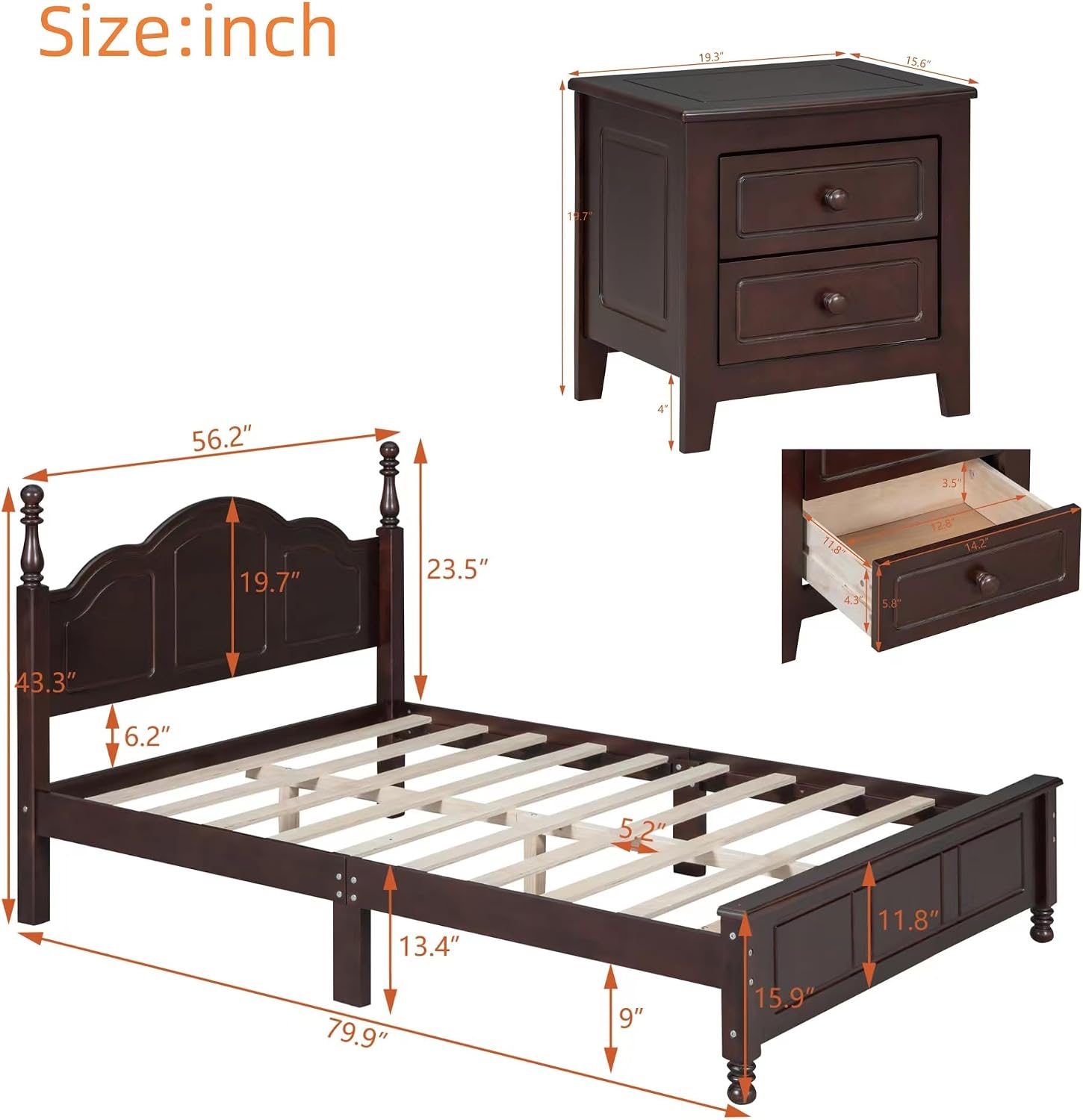 Merax 3-Pieces Bedroom Sets, Full Size Retro Style Wood Bed Frame with Two Nightstands and high Headboard for Bedroom, Wood Slat Support, No Box Spring Needed, Easy Assembly (Dark Walnut)