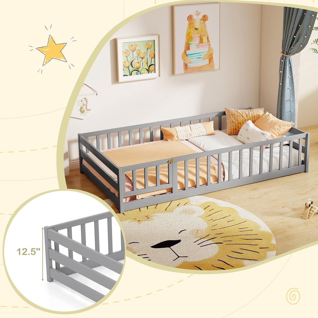KOMFOTT Twin Size Wood Floor Bed with Door & Fence, Montessori Bed Frame with Full Length Safety Guardrails, Door & Latch, Wooden Montessori Floor Bed for Kids, Girls, Boys (Grey, Twin)