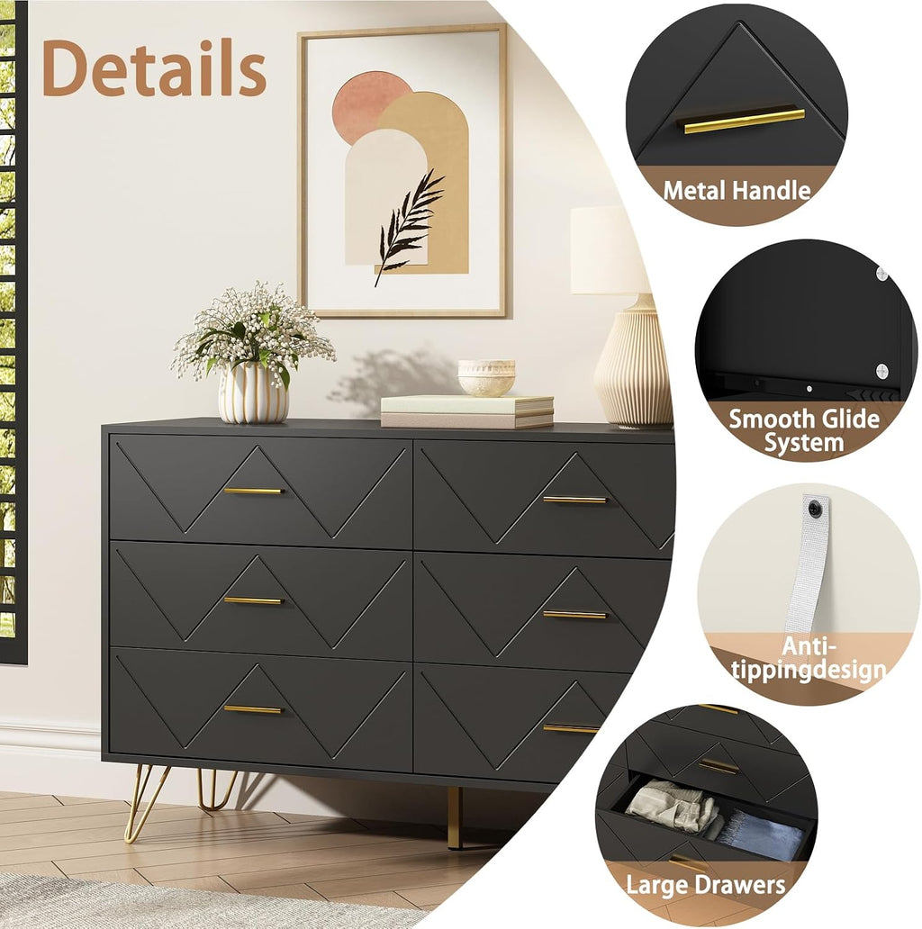 6 Drawer Black Dresser for Bedroom, Modern Chest of Drawers with Deep Drawers,Wood Dresser with Gold Metal Handles for Bedroom, Living Room, Hallway