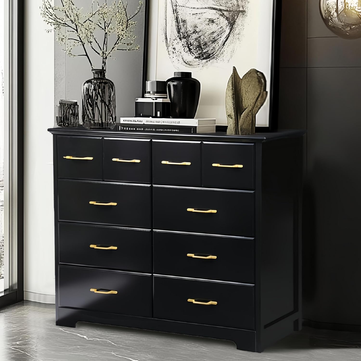 NEDYO 8 Drawer Dressers for Bedroom, 40 Inch Large Wide Dresser, Mid Century Modern Drawer Chest with Gold Hardware, Wooden Chest of Drawers. Black