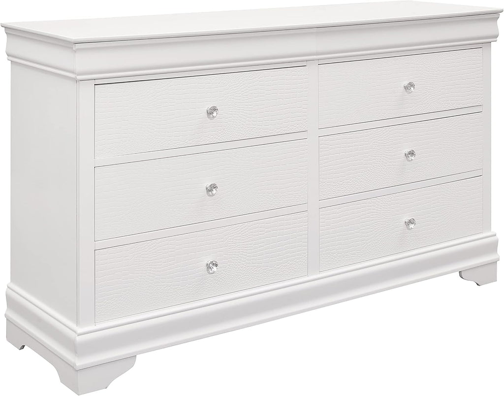 Glam 3-Pc Bedroom Set White Finish Full Size Button-Tufted Bed w LED Headboard Crocodile Texture Panels Wooden Furniture