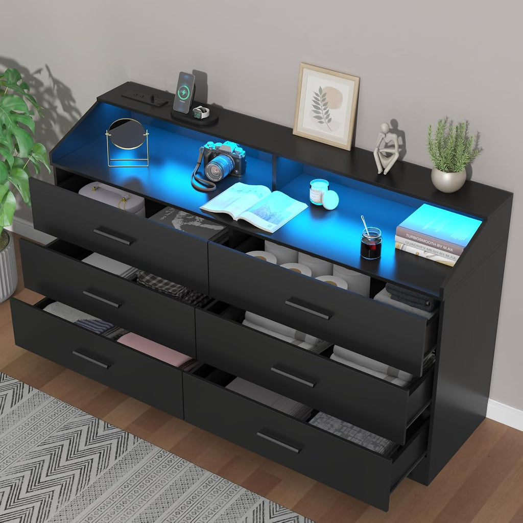 Gyfimoie 6 Drawer Dresser with Power Outlet, Chest of Drawers with LED Light, Modern Dresser with Open Storage Cubby, Double Wide Dressers Organizer for Bedroom, Living Room, Entryway, Hallway