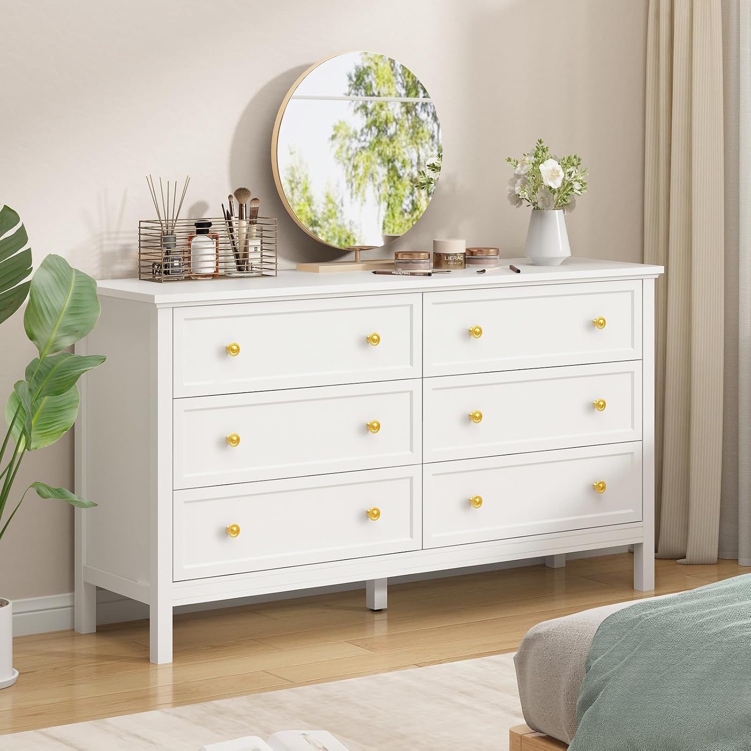 CARPETNAL White Dresser for Bedroom, 55 Inch 6 Drawer Dresser with Wide Drawer and Gold Handles, Woode Dressers & Chests of Drawers for Hallway, Entryway.