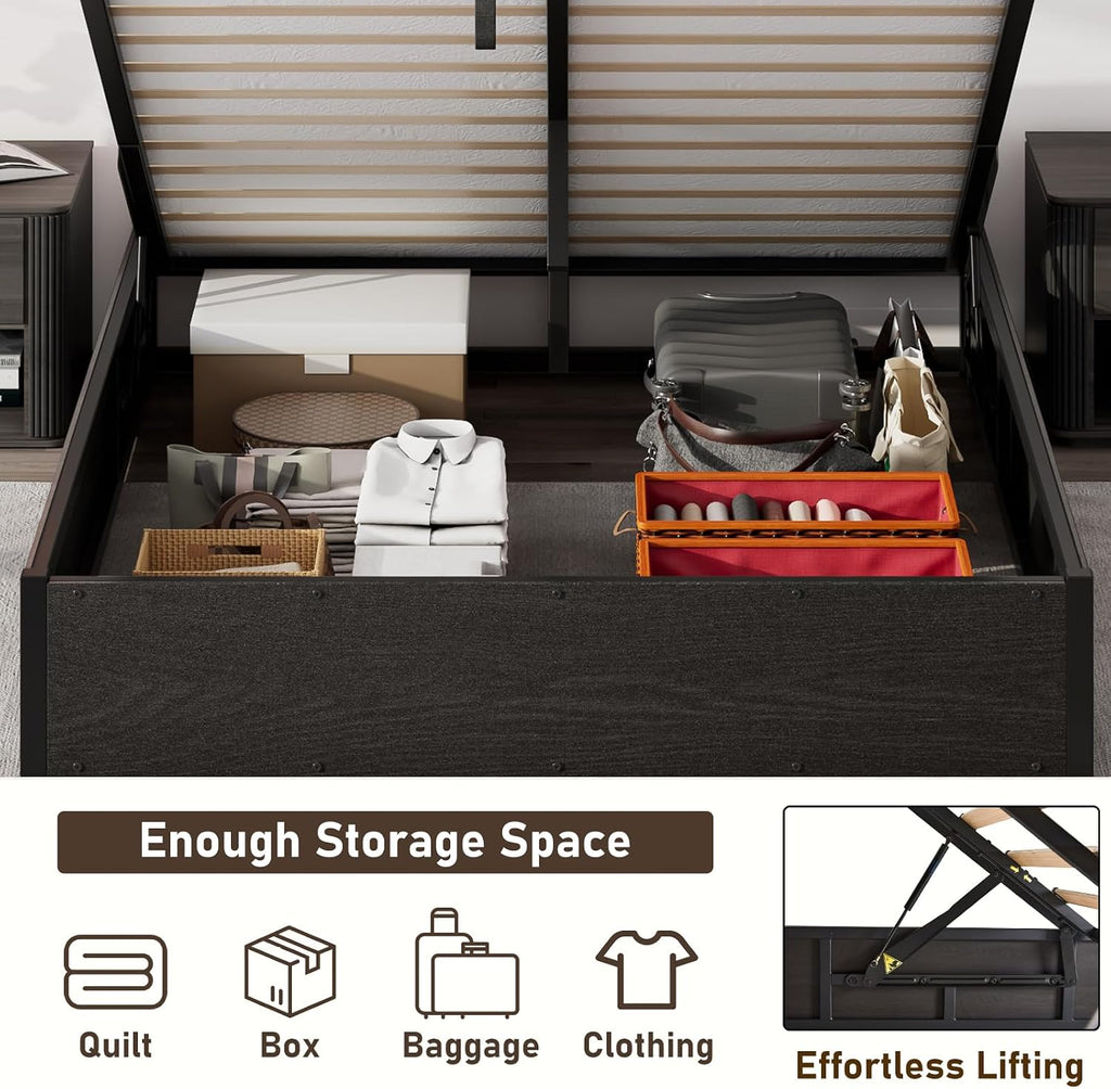 LUXOAK Full Size Lift Up Storage Platform Bed Frame, Metal Bed Frame with Wooden Slats Support, No Box Spring Needed, Large Storage Space, Noise Free, Easy Assembly, Black