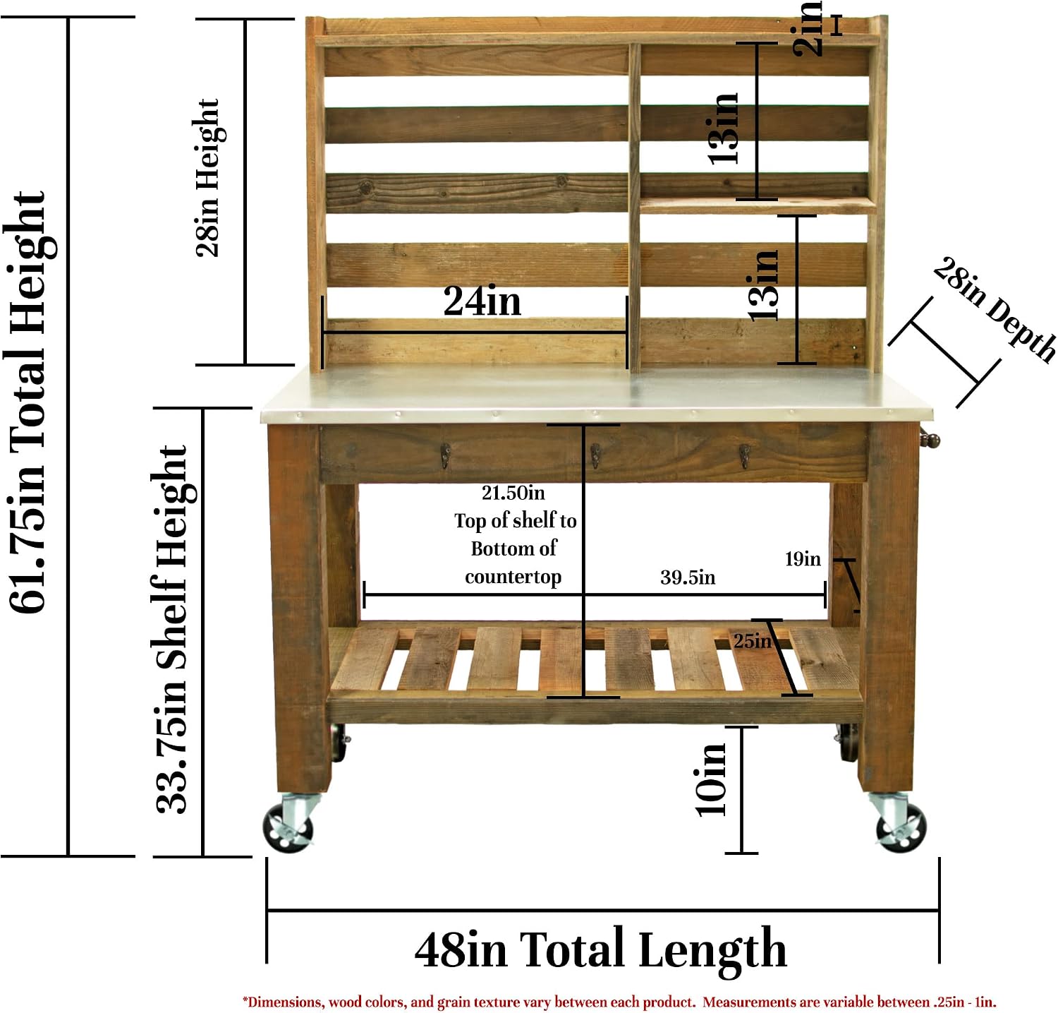 Potting Table Buffet Island Workbench Outdoor Patio Garden Furniture 5in Galvanized Steel Cast Iron Castors & Brakes