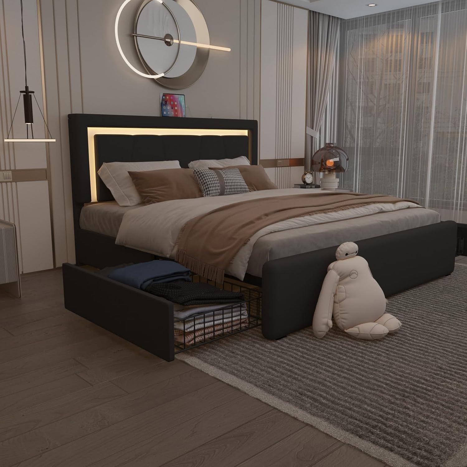 Full Bed Frame with Adjustable Headboard, Upholstered Platform Bed with RGB LED Lights, 4 Storage Drawers & Charging Station (1 USB 1 Type-C), PU Leather Headboard, No Box Spring Needed