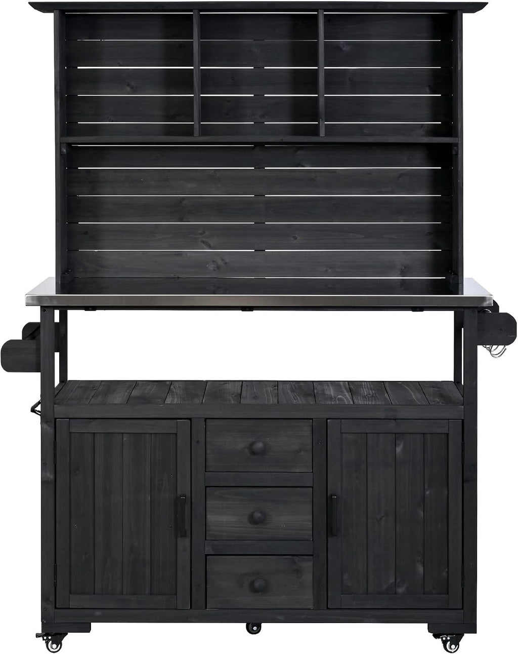 Potting Benches for Outside with Stainless Steel Top, 65''H Fir Wood Potting Bench with Storage, Outdoor Gardening Table (Black)
