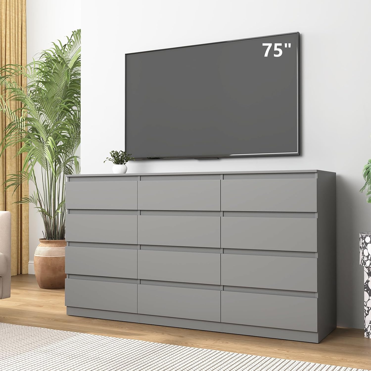 Vibe & Dine 12 Drawer Dresser, Grey Dressers for Bedroom Free Handle, Modern Chest of Drawers with Wide Storage for Closet, Living Room, Hallway