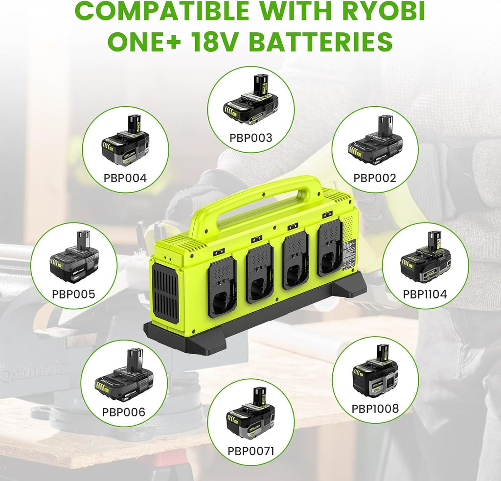 8-Port Charger for Ryobi 18V Battery, Simultaneous Fast Charging Station | Charge up to 8 Ryobi One+ batteries simultaneously with smart cooling, LED status indicators, and portable carry handle.