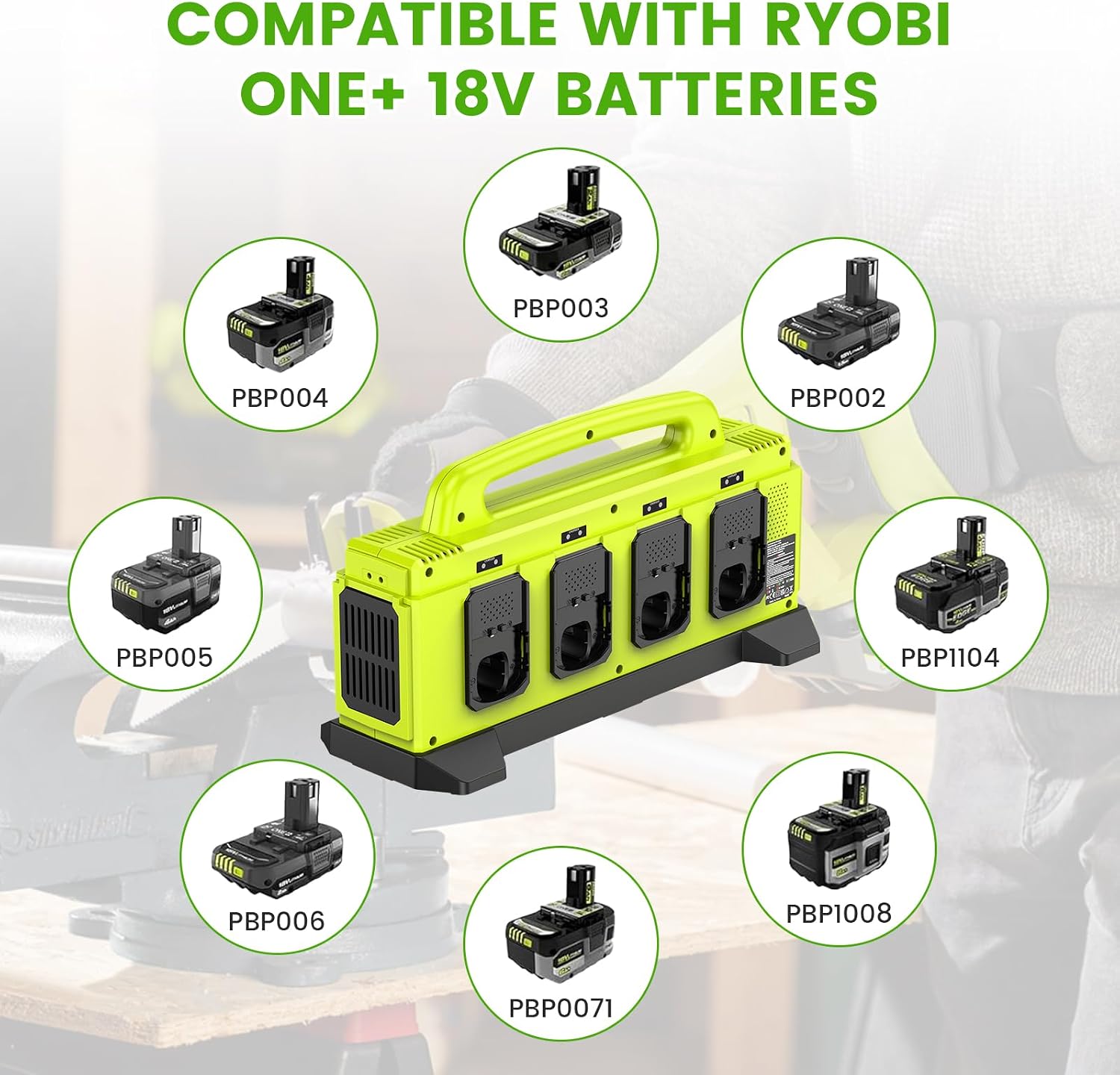 8-Port Charger for Ryobi 18V Battery, Simultaneous Fast Charging Station | Charge up to 8 Ryobi One+ batteries simultaneously with smart cooling, LED status indicators, and portable carry handle.