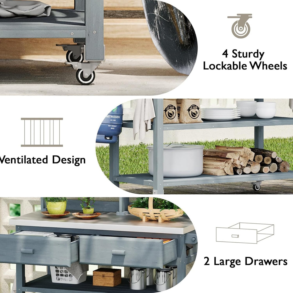 64.9' H Outdoor Potting Bench Table with Lockable Wheels, 52' W×22.2' D×64.9' H, Solid Fir Wood, Stainless Steel Top, 2 Drawers, Outdoor Storage for Grilling/Gardening, Gray+Blue