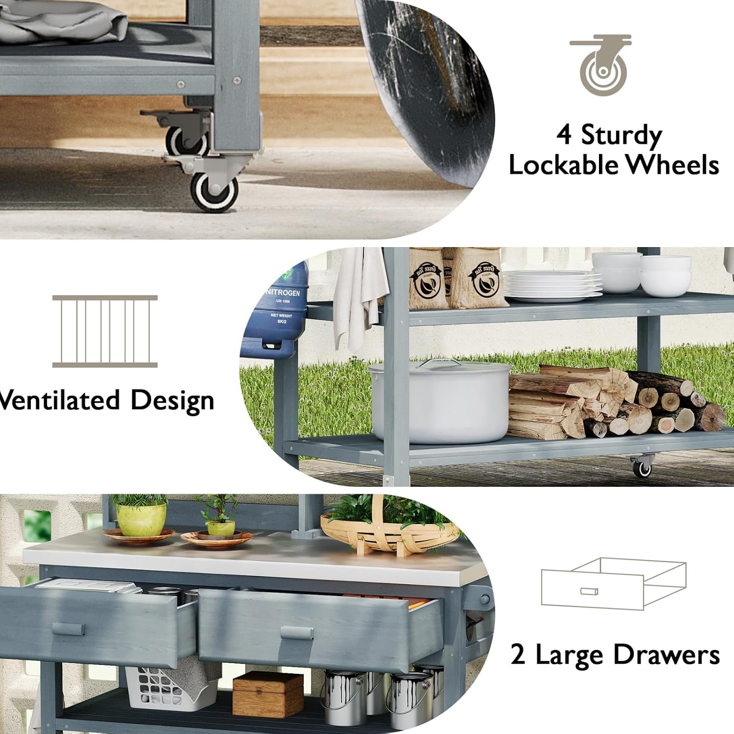 64.9' H Outdoor Potting Bench Table with Lockable Wheels, 52' W×22.2' D×64.9' H, Solid Fir Wood, Stainless Steel Top, 2 Drawers, Outdoor Storage for Grilling/Gardening, Gray+Blue