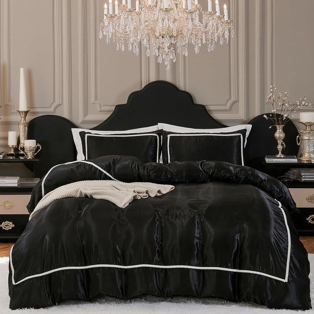Herside Black Satin Comforter Set 7 Pieces King Size Bed in a Bag Luxurious Satin Bedding Set with Comforter Pillowcases and Sheets Sets Mini Pompoms Design Super Soft Silky Bed Set for All Seasons