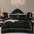Herside Black Satin Comforter Set 7 Pieces King Size Bed in a Bag Luxurious Satin Bedding Set with Comforter Pillowcases and Sheets Sets Mini Pompoms Design Super Soft Silky Bed Set for All Seasons
