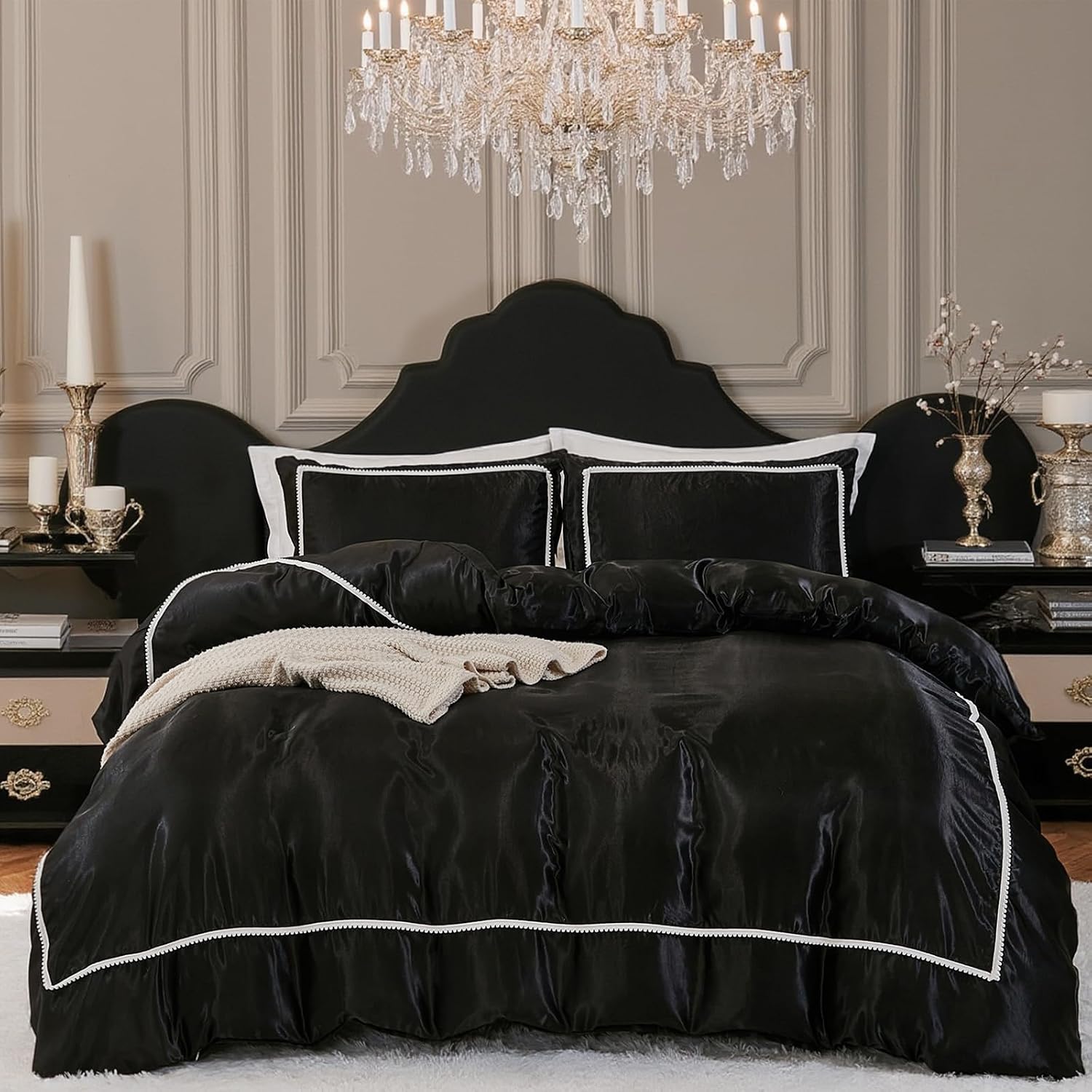 Herside Black Satin Comforter Set 7 Pieces King Size Bed in a Bag Luxurious Satin Bedding Set with Comforter Pillowcases and Sheets Sets Mini Pompoms Design Super Soft Silky Bed Set for All Seasons
