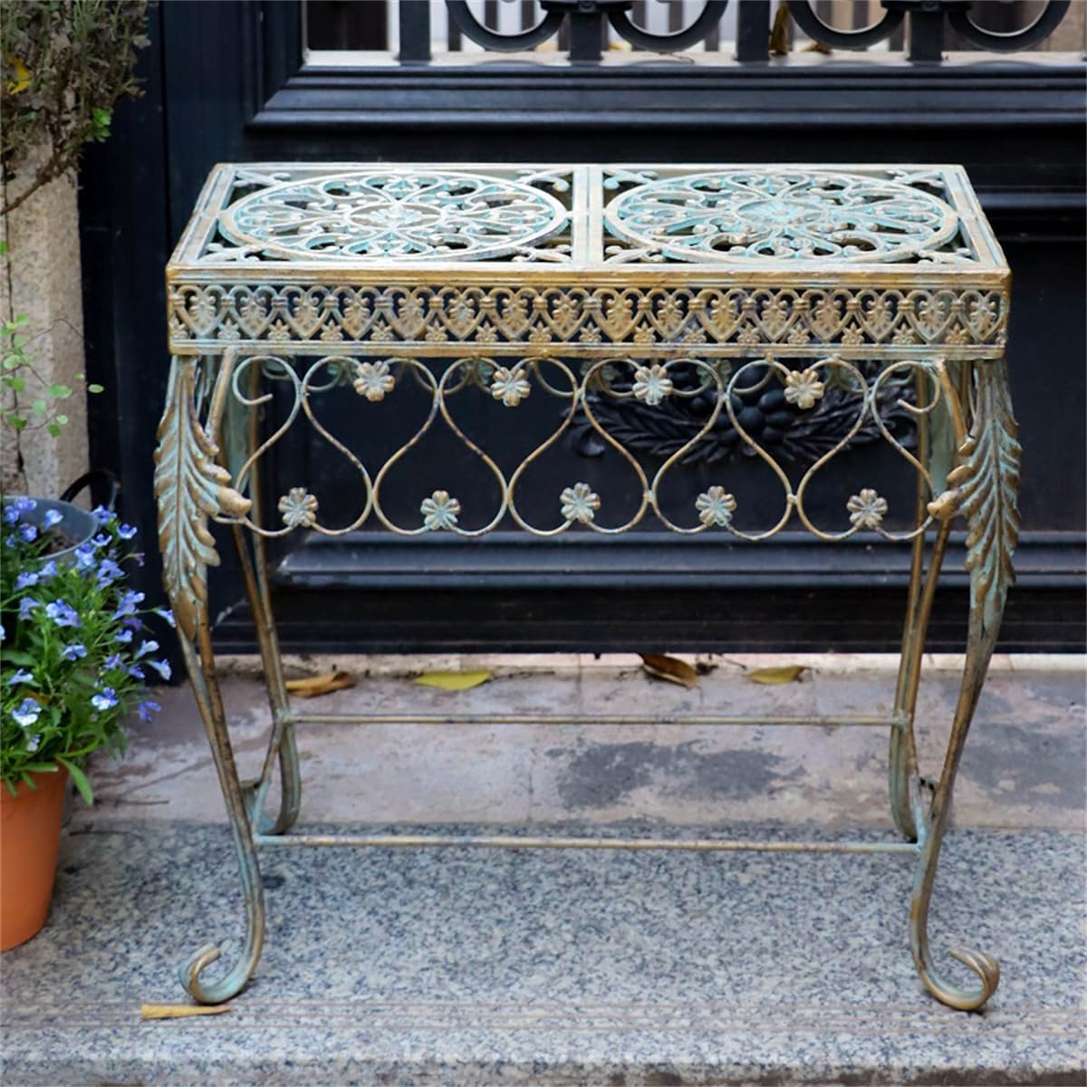 Outdoor Wrought Iron Flower Stand, Heavy Duty Garden Potting Bench Table,2 Tier Metal Plant Stand,Large Garden Work Bench Station,for Home Garden Backyard,A