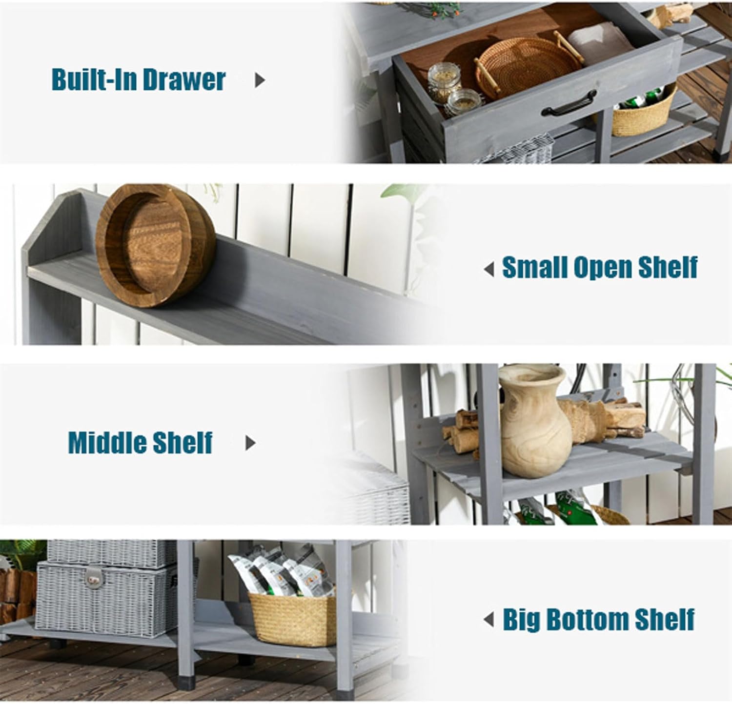 Gray Potting Bench Table with Removable Sink and Faucet, Wooden Outdoor Potters Benches with Drawer, Open Shelves, Hooks, Garden Workstation for Outside Lawn Patio