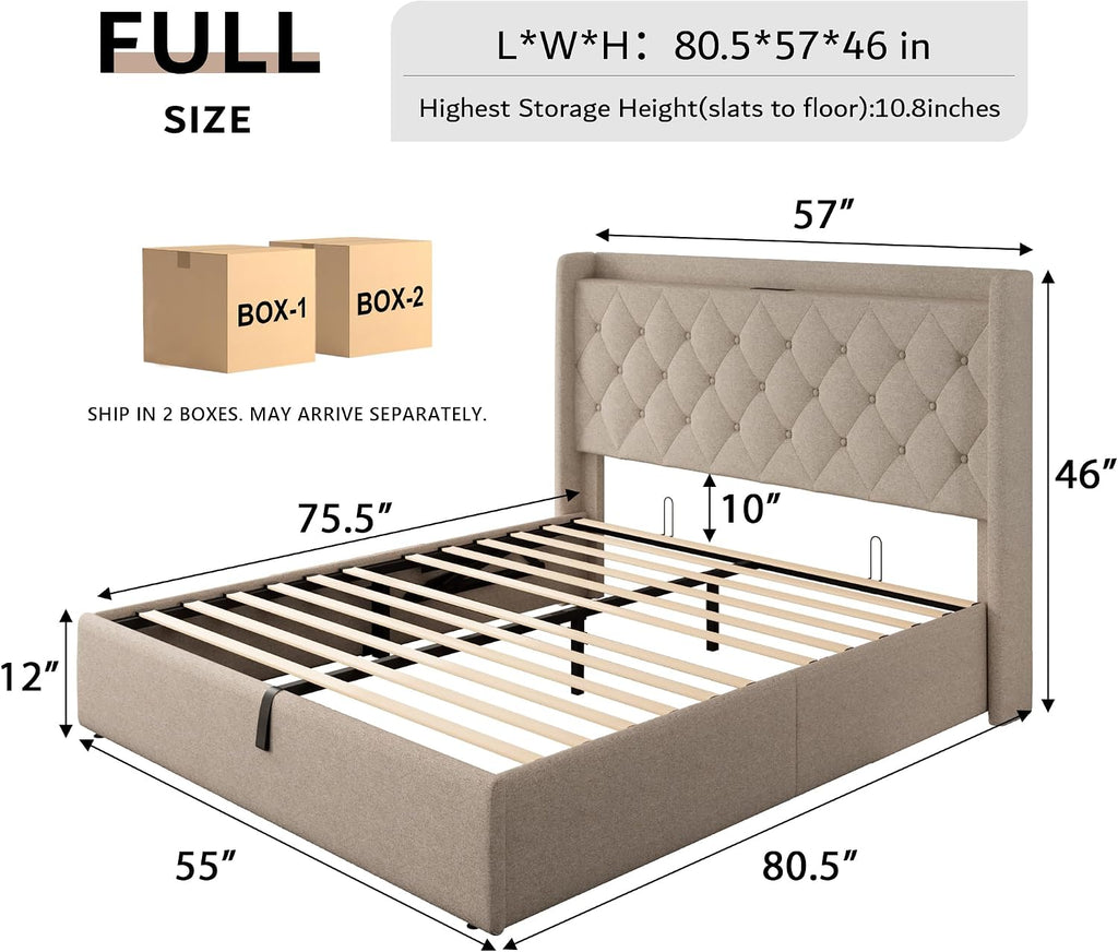 iPormis Full Size Lift Up Storage Bed Frame with Charging Station, Upholstered Platform Bed Frame with Tufted Headboard, Hydraulic Storage, No Box Spring Needed, Noise-Free, Easy Assembly, Beige