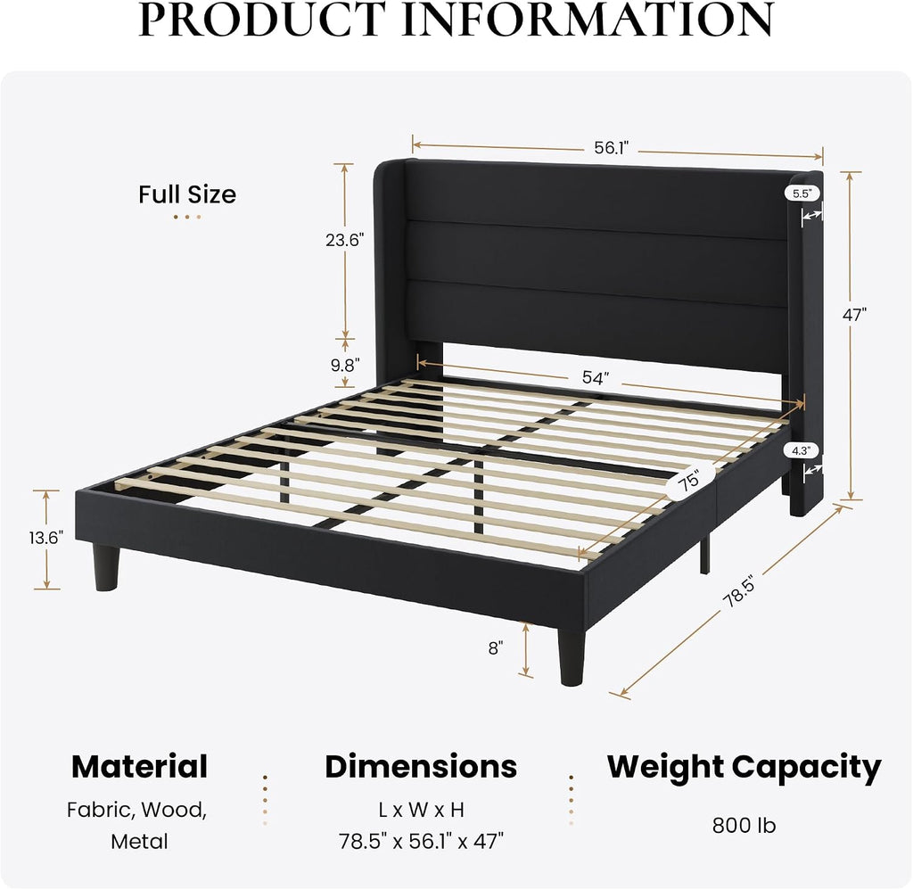 SHA CERLIN Full Size Velvet Bed Frame with Wingback Headboard/Upholstered Platform Bed with Wooden Slats/Mattress Foundation/No Box Spring Needed/Easy Assembly/Black