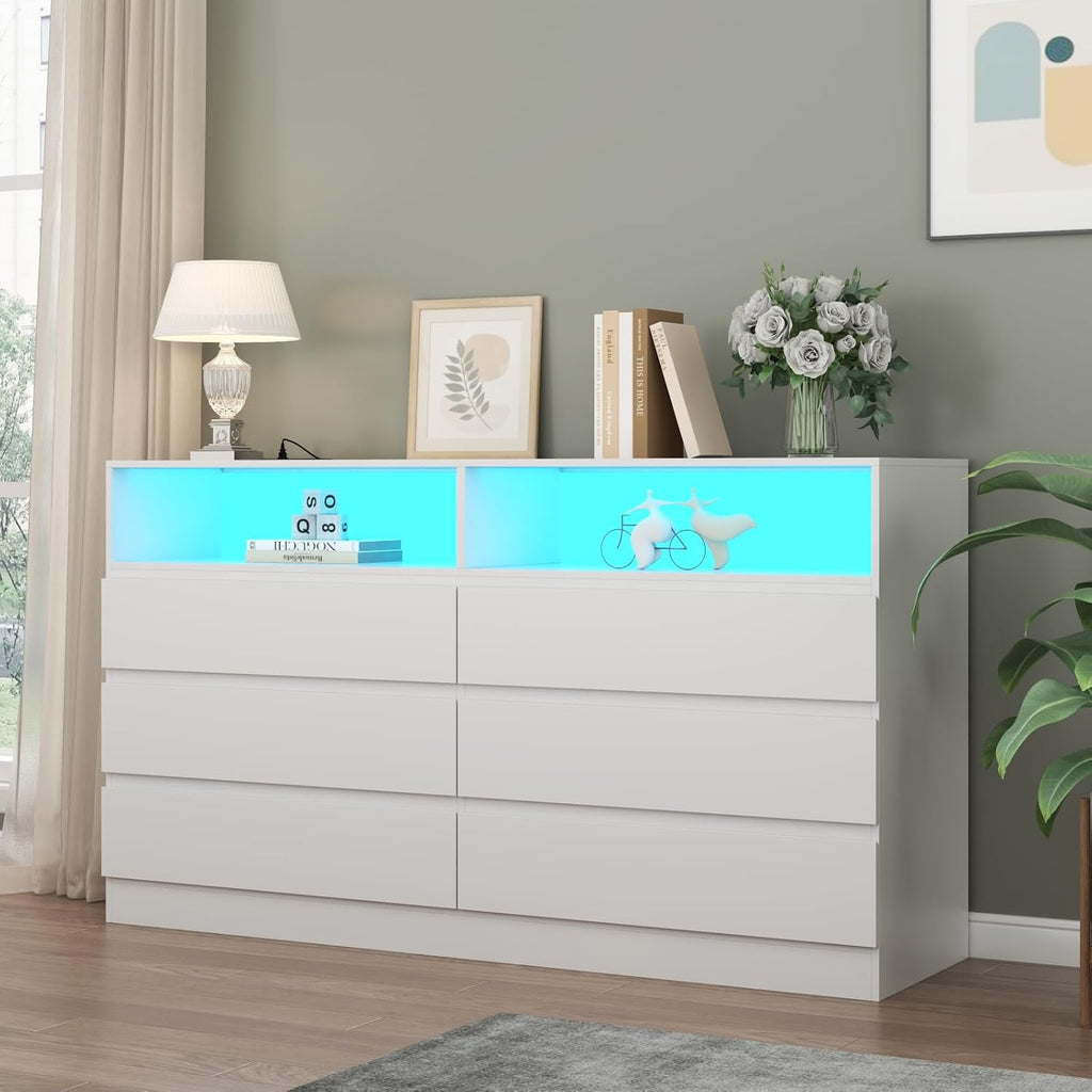 Loomie 6 Drawers Dresser, White Accent Chests of Drawers with Power Outlet and LED Light for Bedroom Living Romm