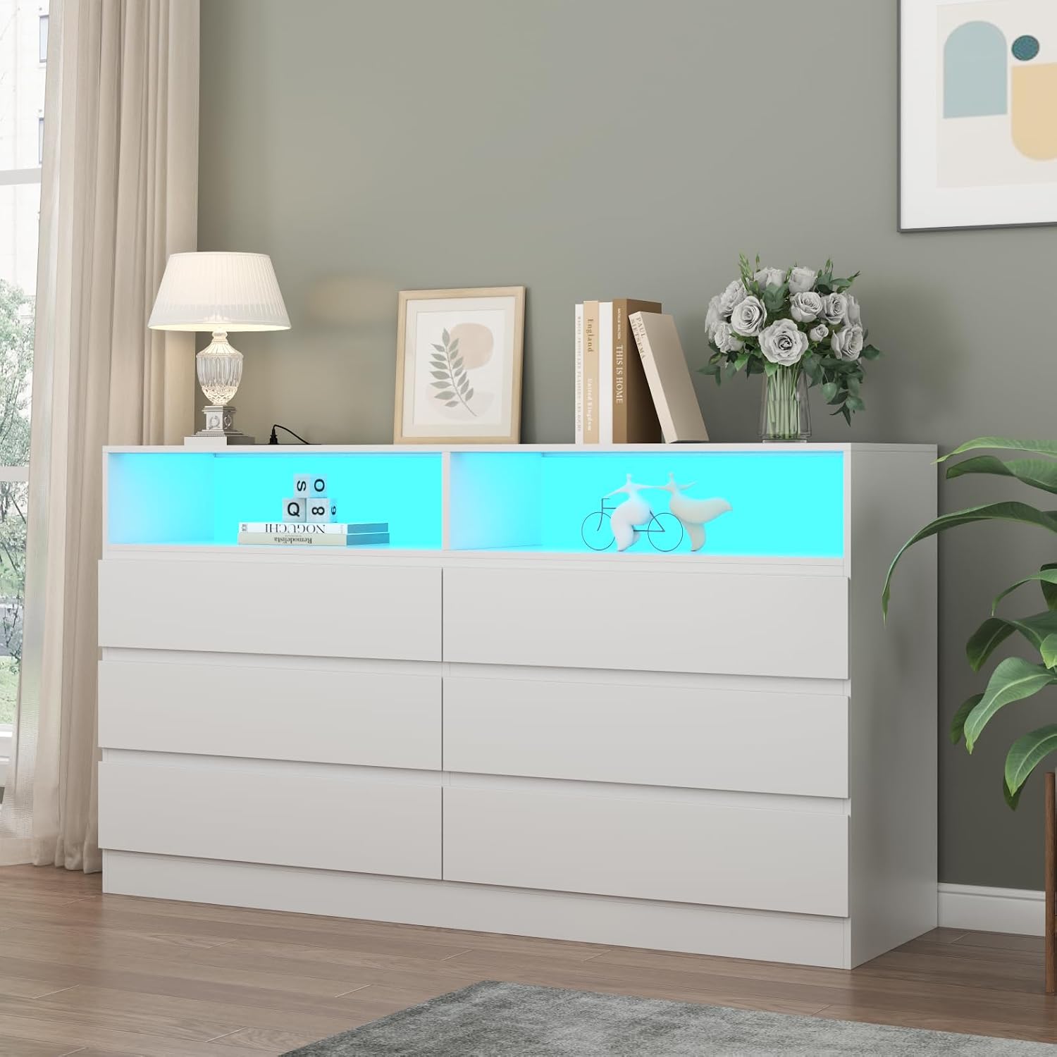 Loomie 6 Drawers Dresser, White Accent Chests of Drawers with Power Outlet and LED Light for Bedroom Living Romm