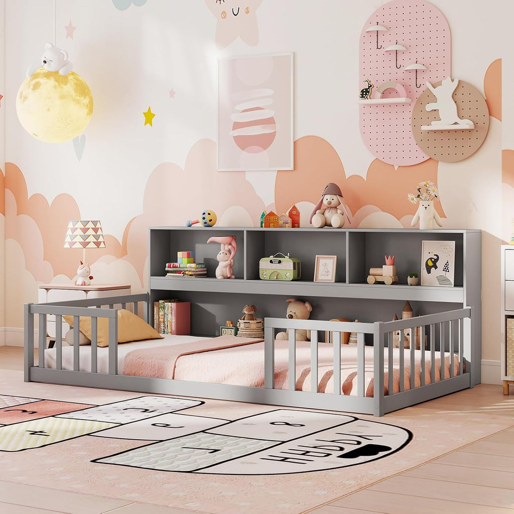 Giantex Twin Floor Bed for Kids, Wooden Montessori Bed Frame with Bookcase, Storage Shelves & Safety Fence Rails, Floor Beds Twin for Girls, Boys, No Box Spring Needed, Without Slats, Grey