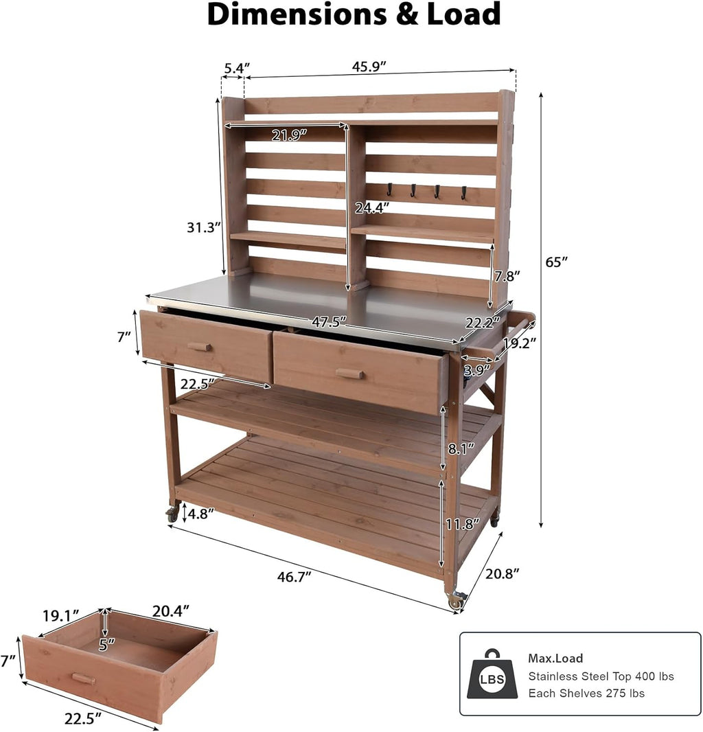 65' H Outdoor Potting Bench Table with Lockable Wheels, Wood Large Outdoor Kitchen Island Prep Station with Stainless Steel Top Waterproof Cover & Towel Rack for Outside Garden, Patio